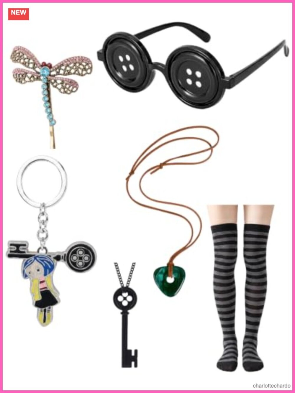 Cosplay Accessory Set 6PC Button Glasses Necklace Hair Clip Keychain